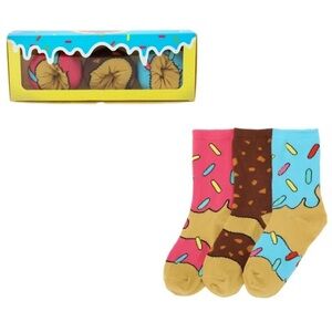 Frosted Donuts Youth 3-Pair Novelty Crew Socks from Bioworld, shoe size 10-4